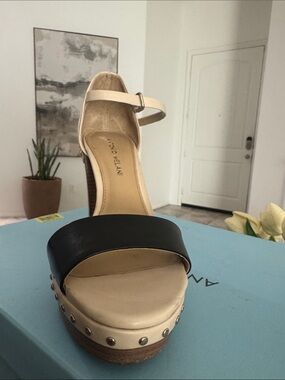 ANTONIO MELANI Black and Beige Studded Block Heel Sandals